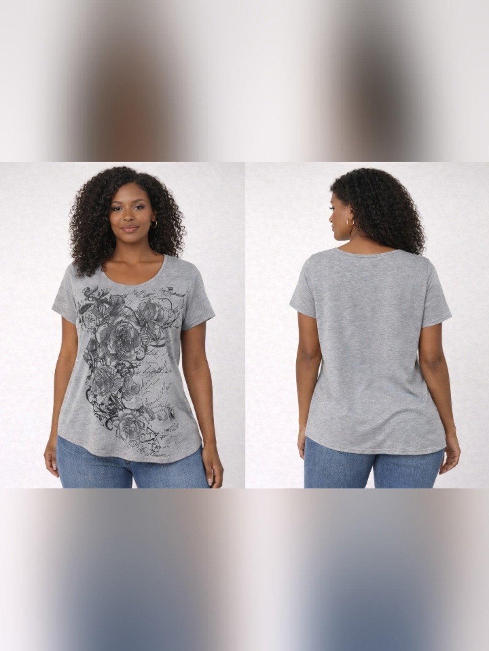forever jade gray floral graphic tee script print womens m short sleeve top boho